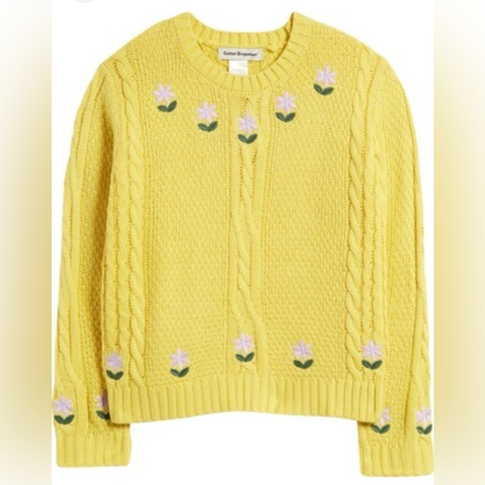 Cotton Emporium Kids' Floral Embroidered Cable Stitch Sweater Girls Size Small